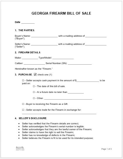Free Georgia Firearm Bill Of Sale Form Template