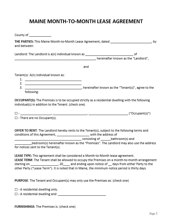 Free Maine Monthly (MonthToMonth) Lease Agreement Template