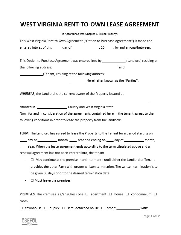 Free West Virginia RenttoOwn Lease Agreement Template