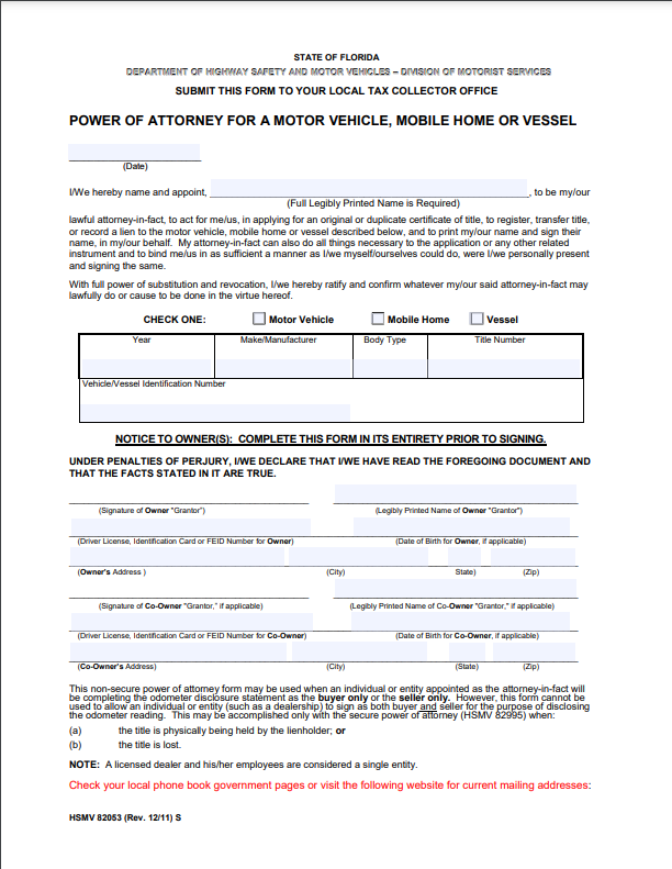 Free Florida Motor Vehicle Power of Attorney Form (Form HSMV 82053