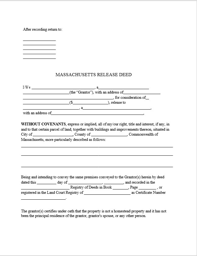 Free Massachusetts Release Deed Form Template