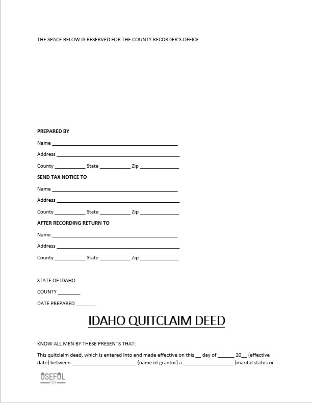 Free Idaho Quitclaim Deed Form Template