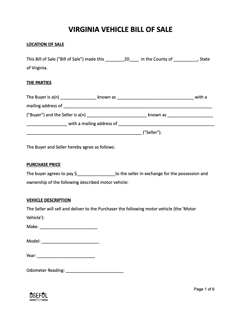Free Virginia Motor Vehicle Bill Of Sale Form Template