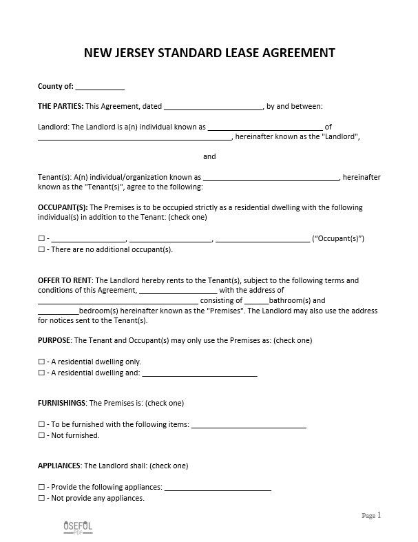 New Jersey rental/lease agreement templates