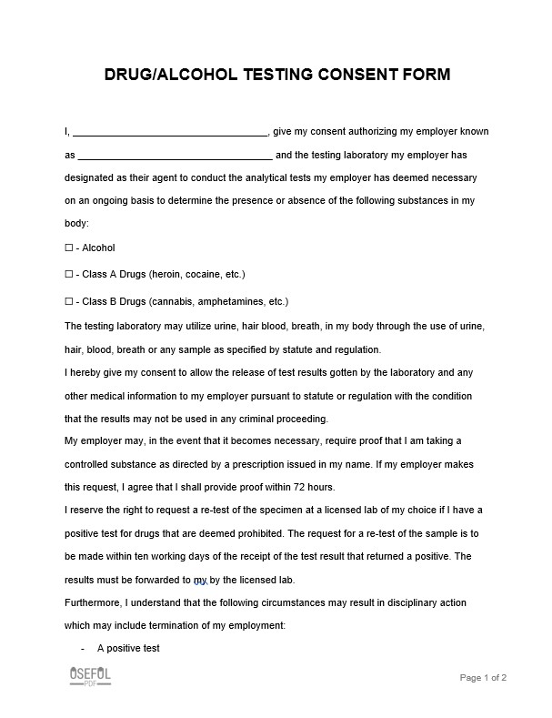 drug/alcohol test consent form template