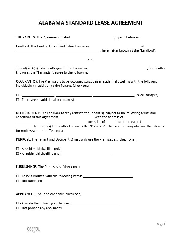 Free Alabama Standard Residential Lease Agreement Template