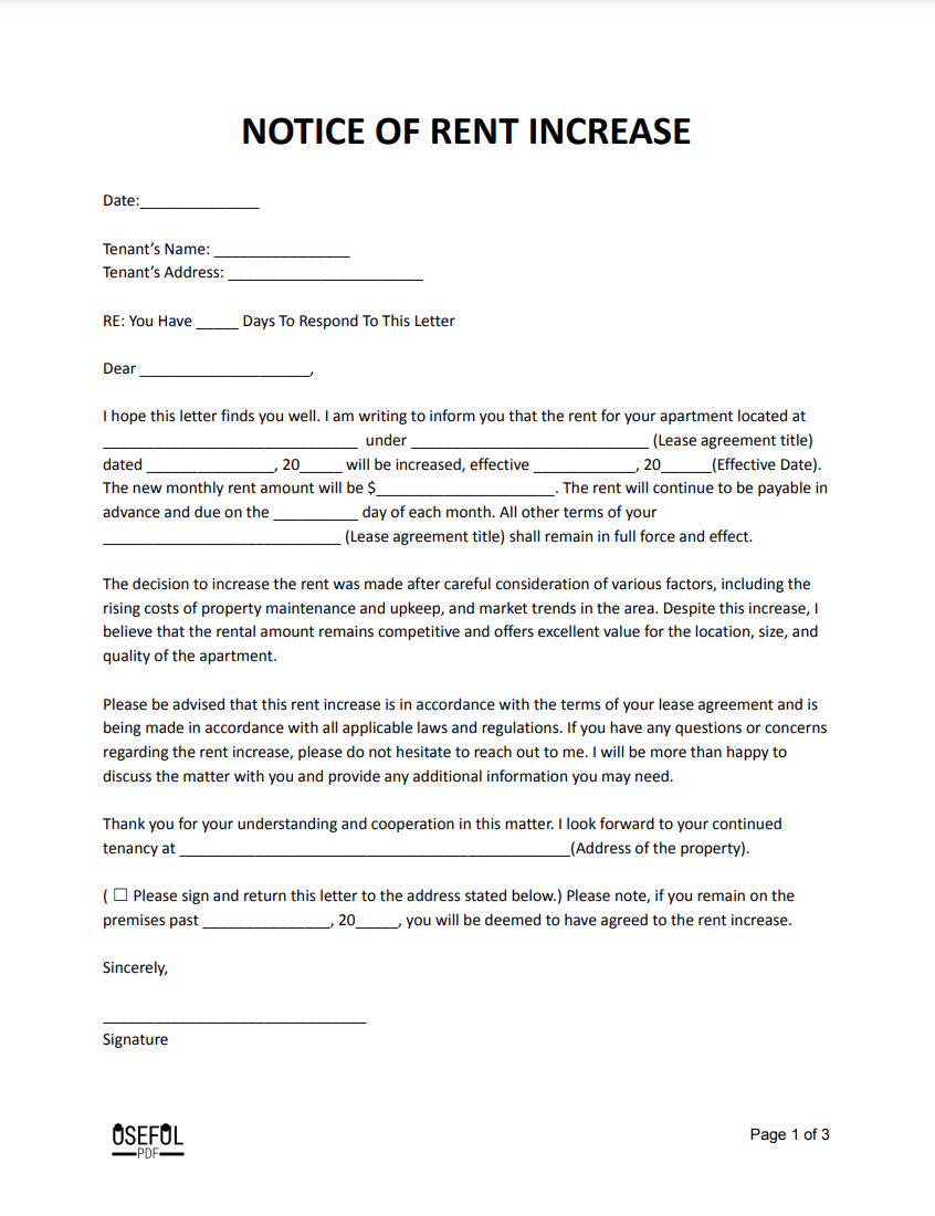 Free Notice of Rental Increase Letter Template