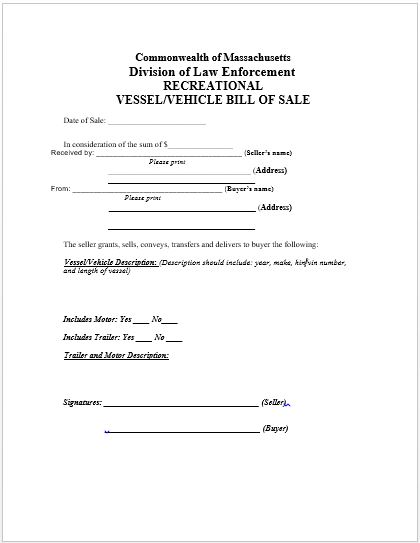 Mass Rmv Bill Of Sale Template
